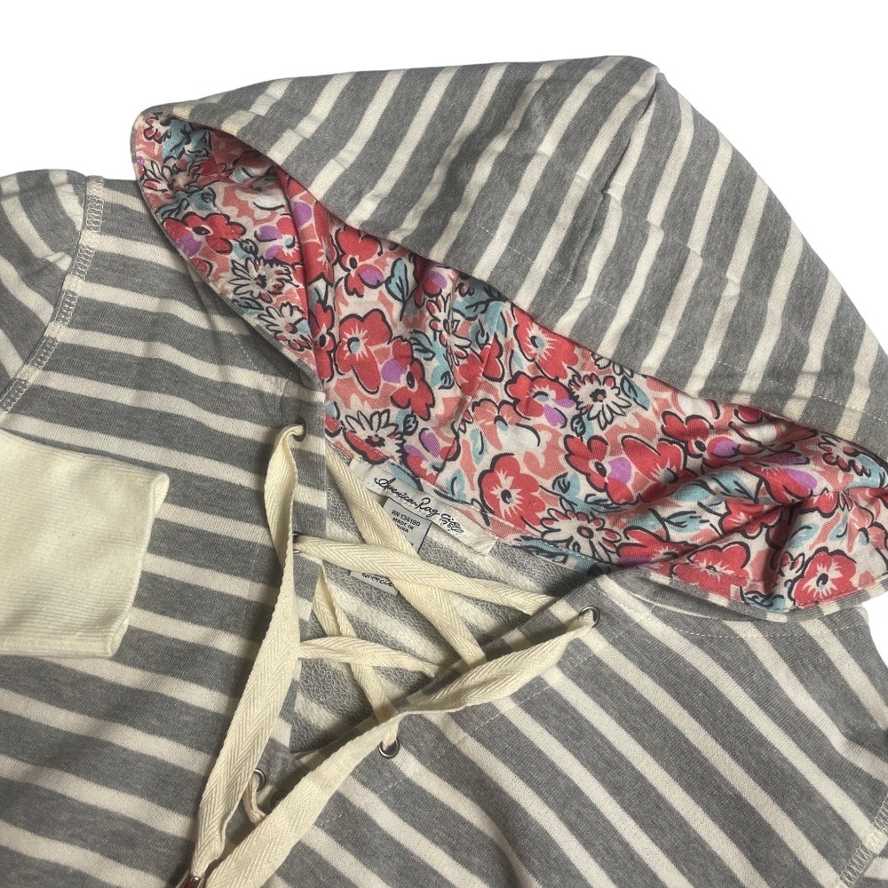 American Rag 1X Women's Hoodie Gray White Strip Floral Hoodie Lining Long Sleeve